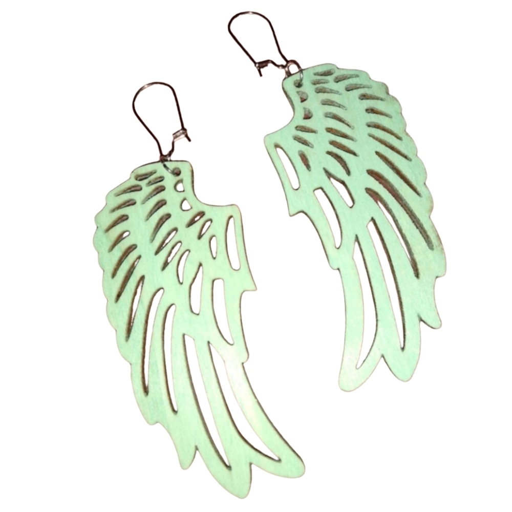Big Hand Painted Turquoise Blue Wood Angel Wings Earrings Bird Wing Ombre Steel